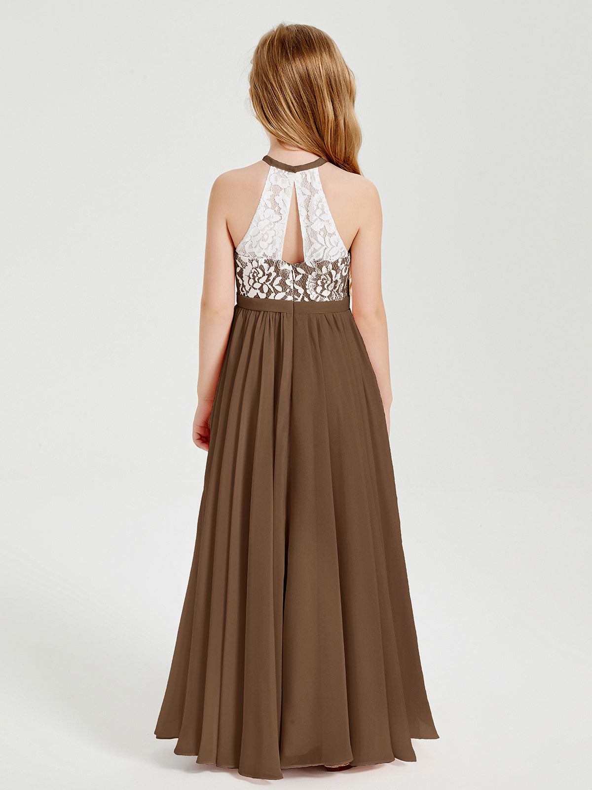 Lace Top Long Chiffon Bridesmaid Dresses Brown